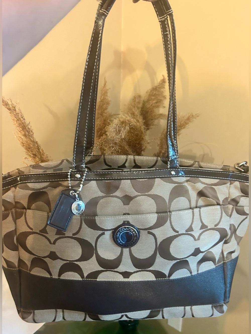 Coach Brown Signature Logo Canvas Tote with Dark Brown Leather Trim